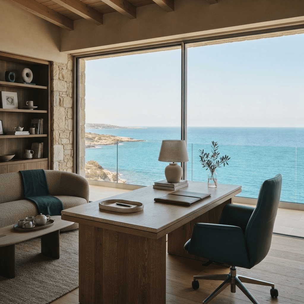 Beratungsbüro in Larnaka mit Blick auf das Mittelmeer